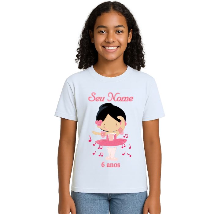 Camiseta Bailarina Rosa Festa Balé Estampa Personalizada