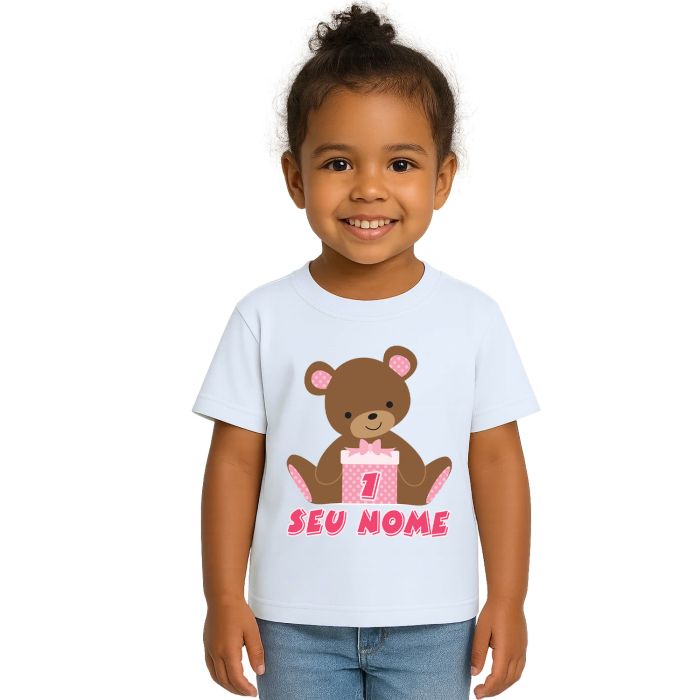 Camiseta Ursinha Caixa Rosa Urso Estampa Personalizada