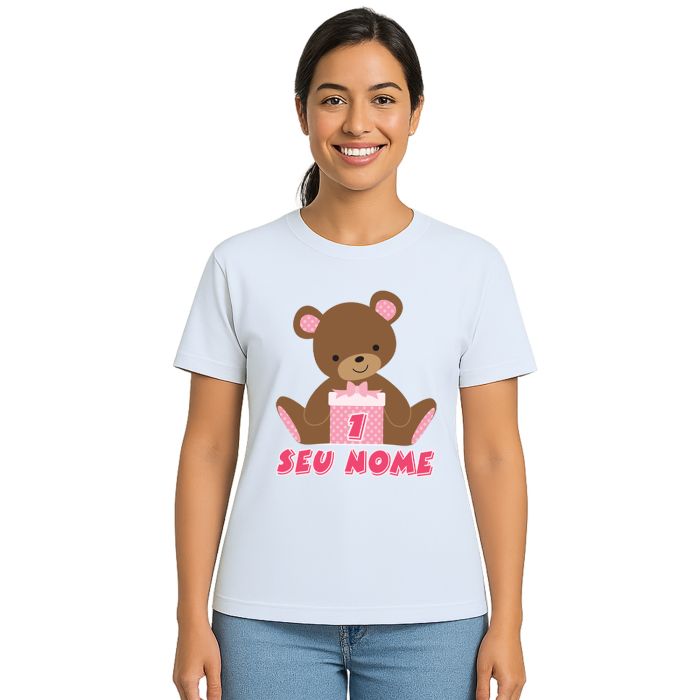 Camiseta Ursinha Caixa Rosa Urso Estampa Personalizada