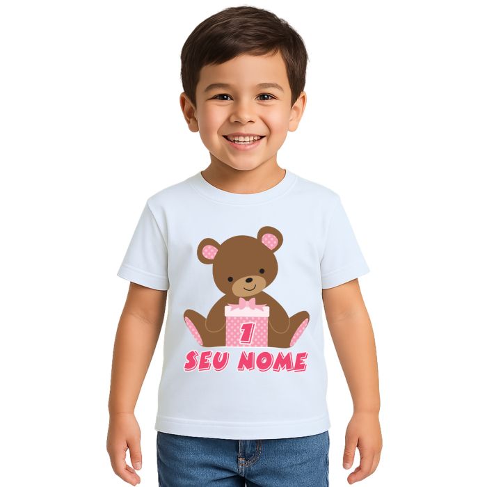 Camiseta Ursinha Caixa Rosa Urso Estampa Personalizada