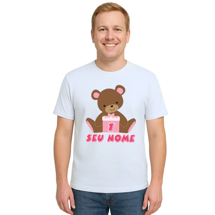Camiseta Ursinha Caixa Rosa Urso Estampa Personalizada