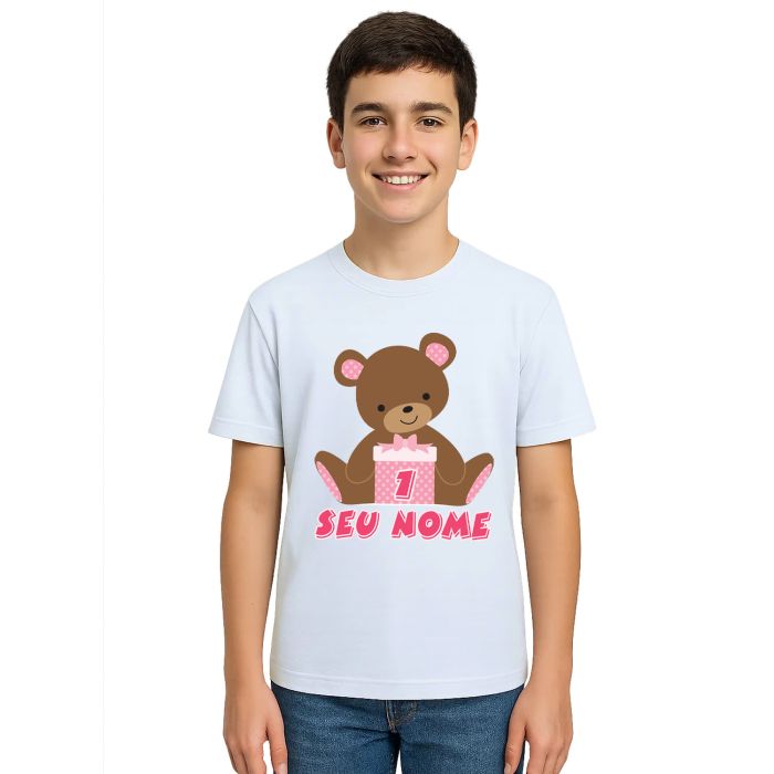 Camiseta Ursinha Caixa Rosa Urso Estampa Personalizada