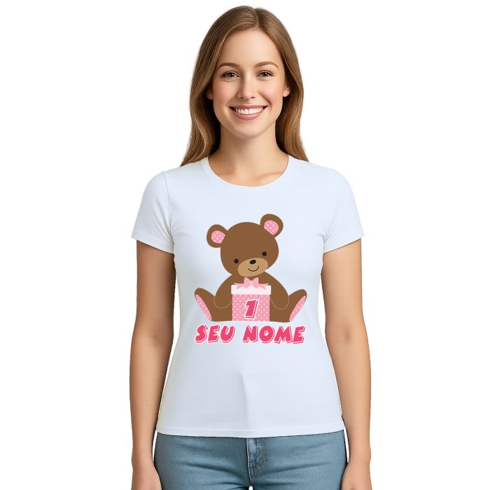 Camiseta Ursinha Caixa Rosa Urso Estampa Personalizada