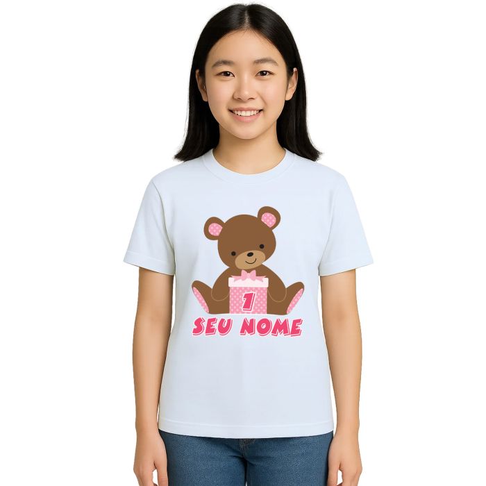 Camiseta Ursinha Caixa Rosa Urso Estampa Personalizada