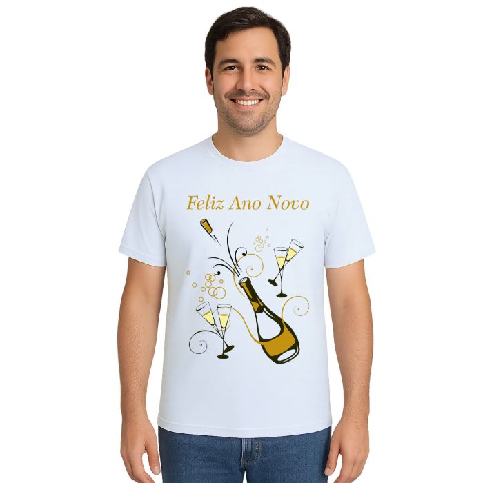 Camiseta Feliz Ano Novo Champanhe Réveillon Personalizada