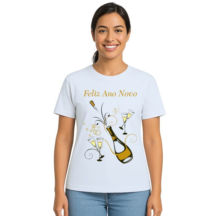 Camiseta Feliz Ano Novo Champanhe Réveillon Personalizada