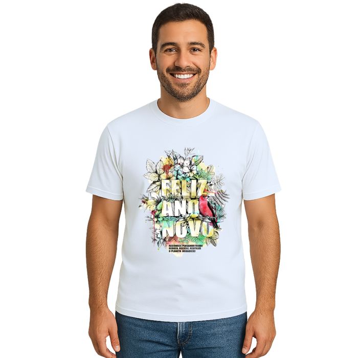 Camiseta Feliz Ano Novo Natureza Estampa Personalizada