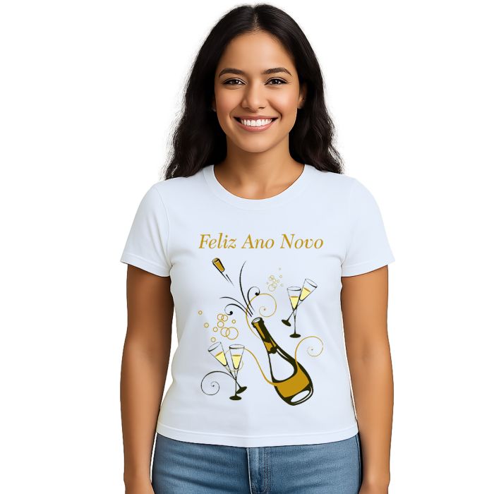 Camiseta Feliz Ano Novo Champanhe Réveillon Personalizada