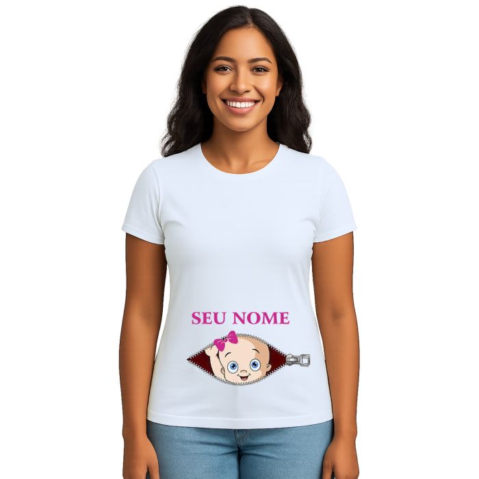 Camiseta Bebê na Barriga Zíper Lacinho Rosa Personalizada