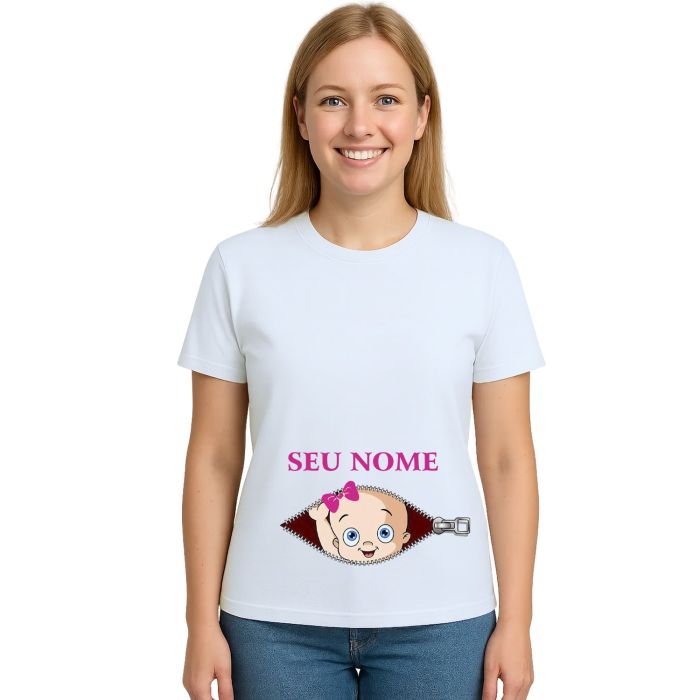 Camiseta Bebê na Barriga Zíper Lacinho Rosa Personalizada