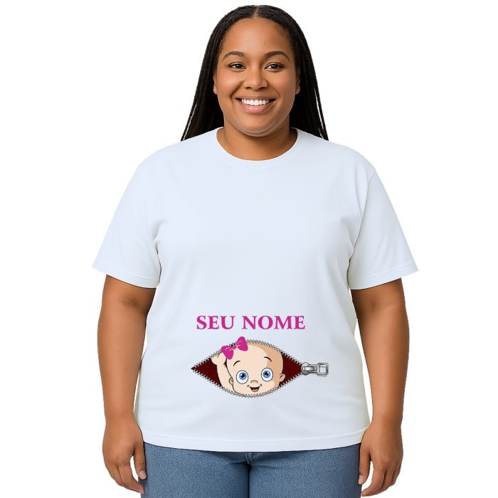 Camiseta Bebê na Barriga Zíper Lacinho Rosa Personalizada