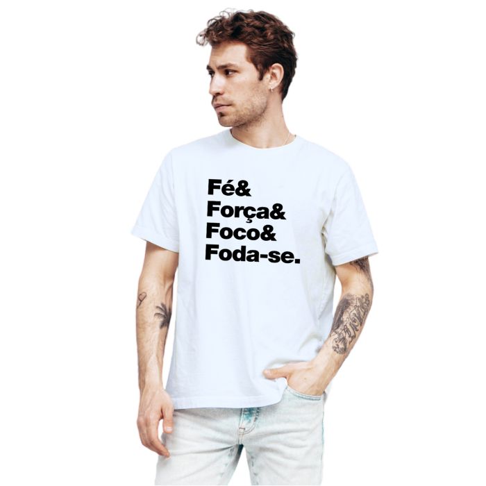 Camiseta Fé Força Foco Foda-se Estampa Personalizada Algodão