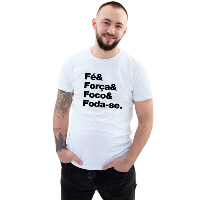Camiseta Fé Força Foco Foda-se Estampa Personalizada Algodão