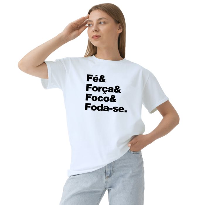 Camiseta Fé Força Foco Foda-se Estampa Personalizada Algodão