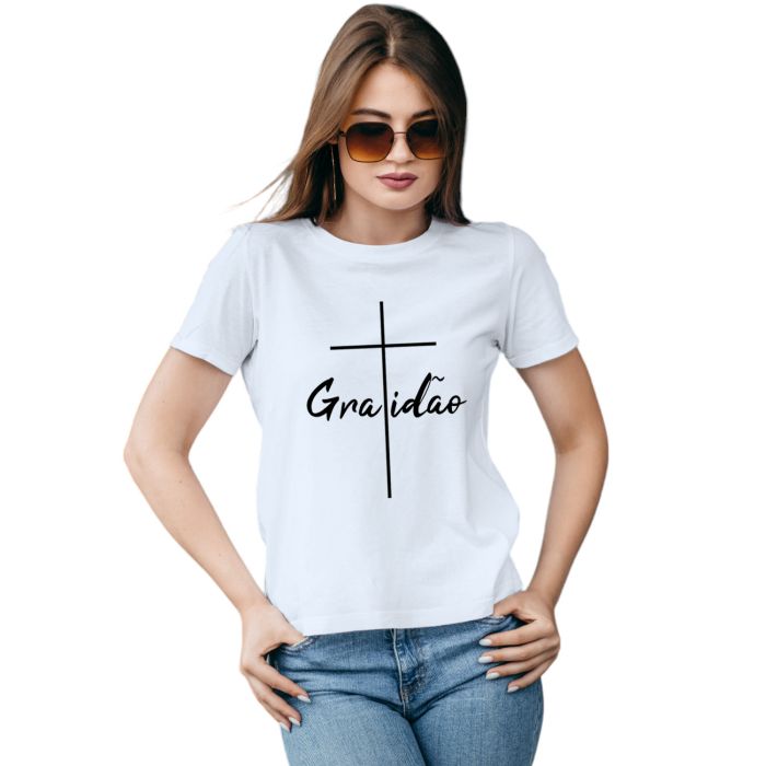 Camiseta Gratidão Cruz Religiosa Personalizada Algodão