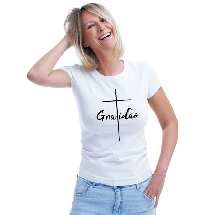 Camiseta Gratidão Cruz Religiosa Personalizada Algodão