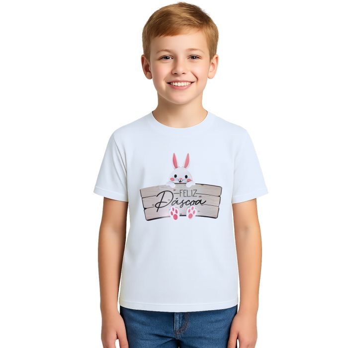 Camiseta Feliz Páscoa Placa Coelhinho Estampa Personalizada