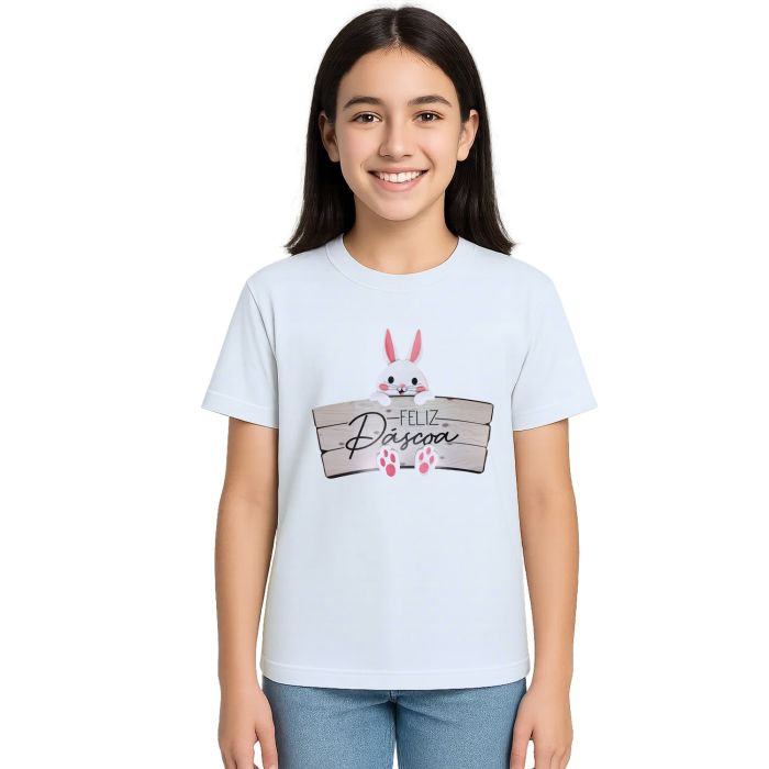 Camiseta Feliz Páscoa Placa Coelhinho Estampa Personalizada