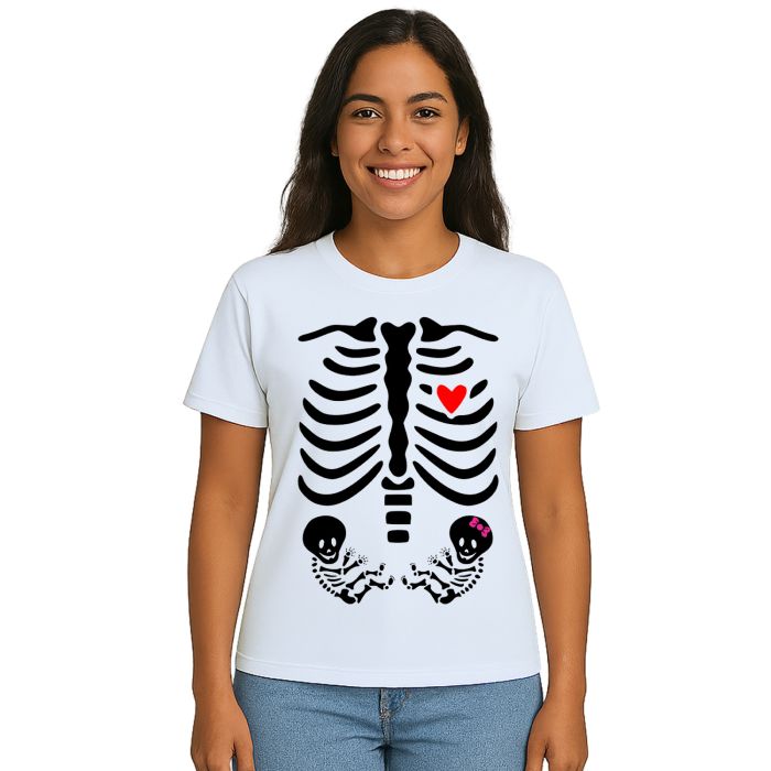 Camiseta Esqueleto Grávida Gêmeos Boy Girl Personalizada