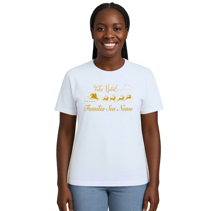 Camiseta Feliz Natal Trenó Renas Natalina Personalizada