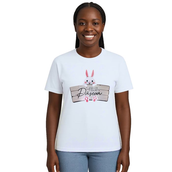 Camiseta Feliz Páscoa Placa Coelhinho Estampa Personalizada