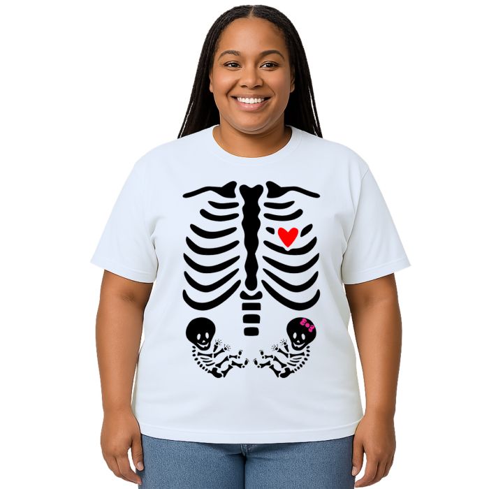 Camiseta Esqueleto Grávida Gêmeos Boy Girl Personalizada