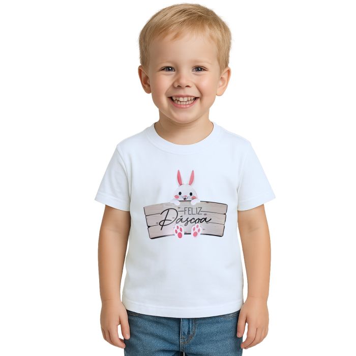 Camiseta Feliz Páscoa Placa Coelhinho Estampa Personalizada