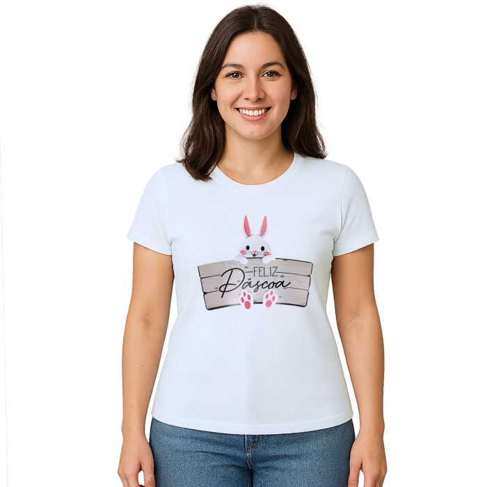 Camiseta Feliz Páscoa Placa Coelhinho Estampa Personalizada