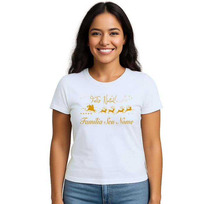 Camiseta Feliz Natal Trenó Renas Natalina Personalizada