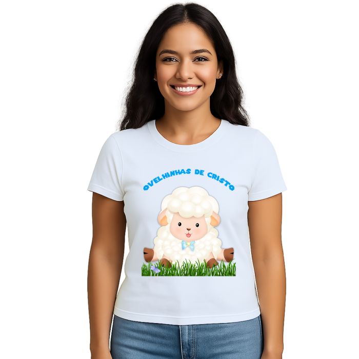 Camiseta Ovelhinhas Cristo Azul Estampa Personalizada