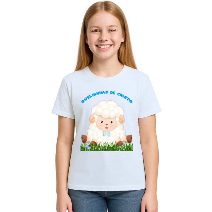 Camiseta Ovelhinhas Cristo Azul Estampa Personalizada
