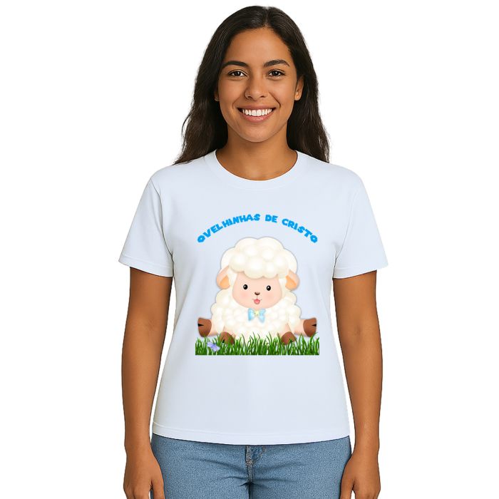 Camiseta Ovelhinhas Cristo Azul Estampa Personalizada