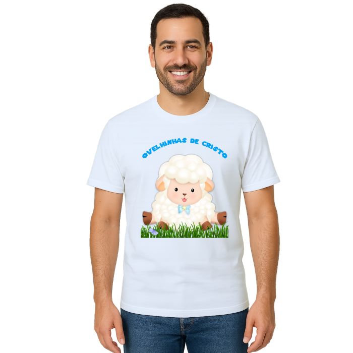 Camiseta Ovelhinhas Cristo Azul Estampa Personalizada
