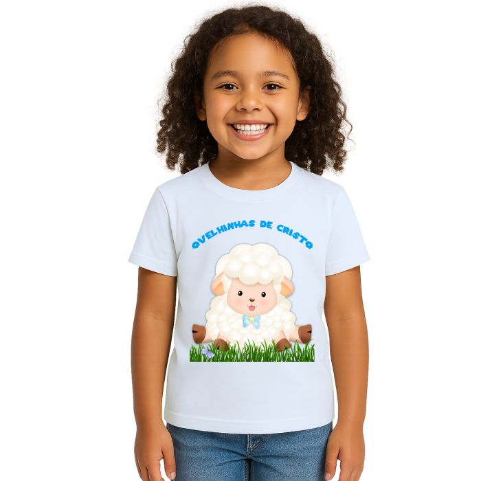 Camiseta Ovelhinhas Cristo Azul Estampa Personalizada