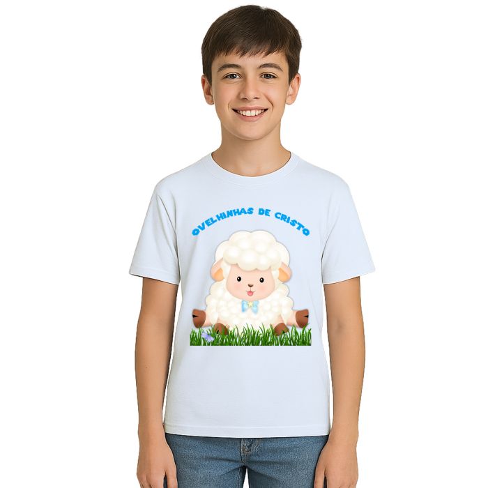 Camiseta Ovelhinhas Cristo Azul Estampa Personalizada
