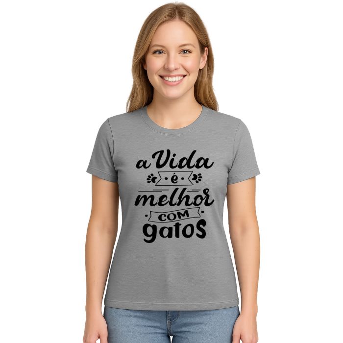 Camiseta Vida Melhor com Gatos Personalizada Algodão
