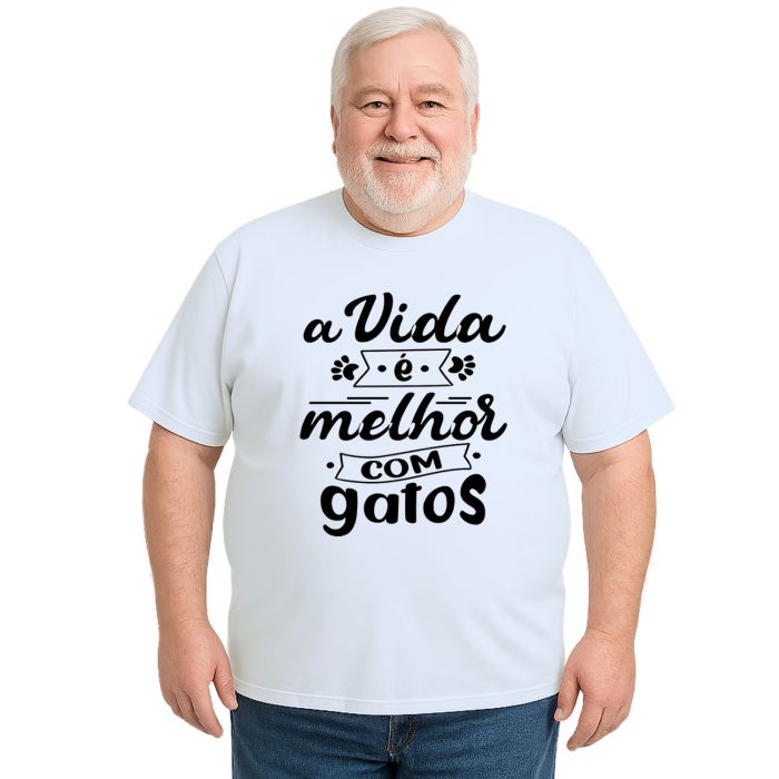 Camiseta Vida Melhor com Gatos Personalizada Algodão