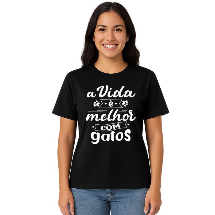 Camiseta Vida Melhor com Gatos Personalizada Algodão