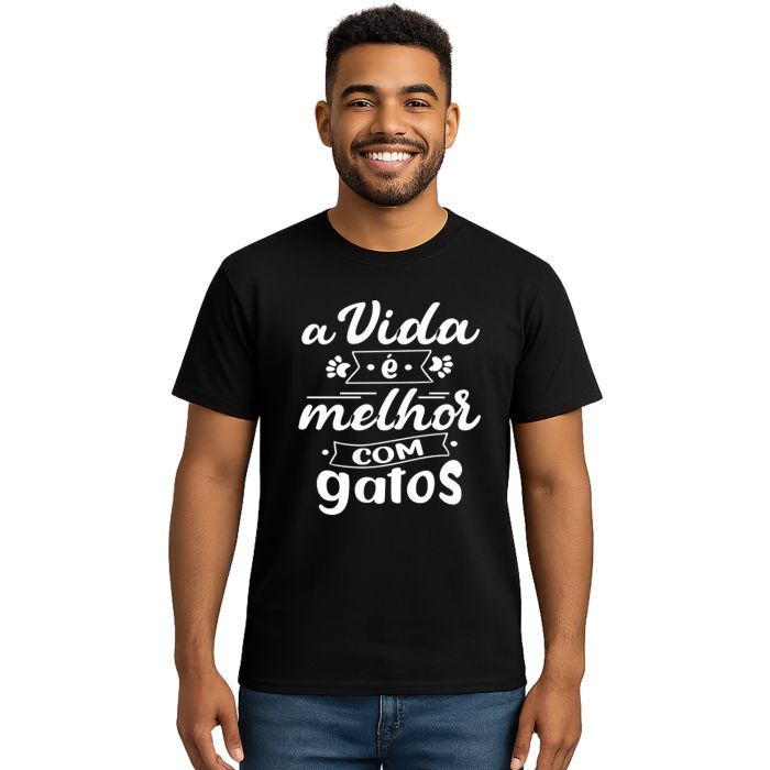 Camiseta Vida Melhor com Gatos Personalizada Algodão