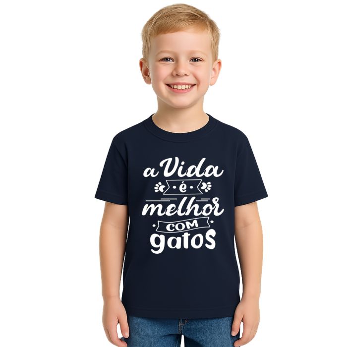 Camiseta Vida Melhor com Gatos Personalizada Algodão