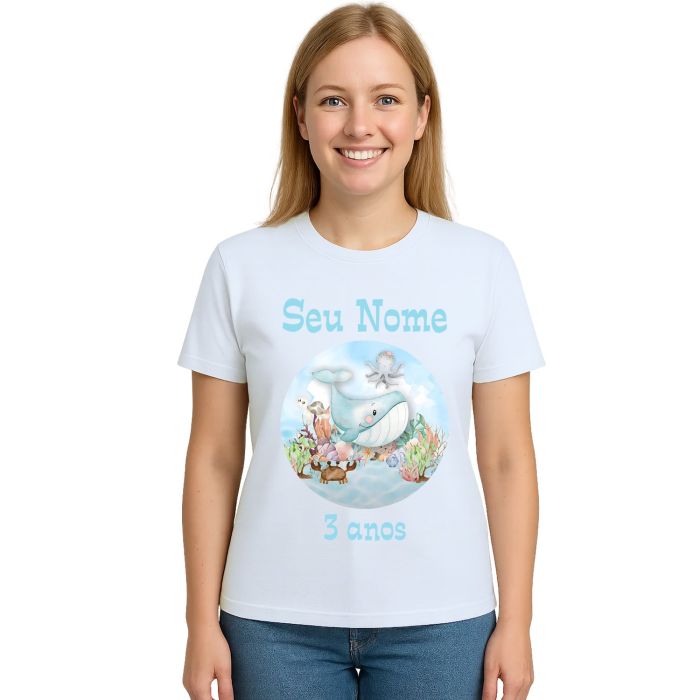 Camiseta Baleia Fundo do Mar Festa Estampa Personalizada