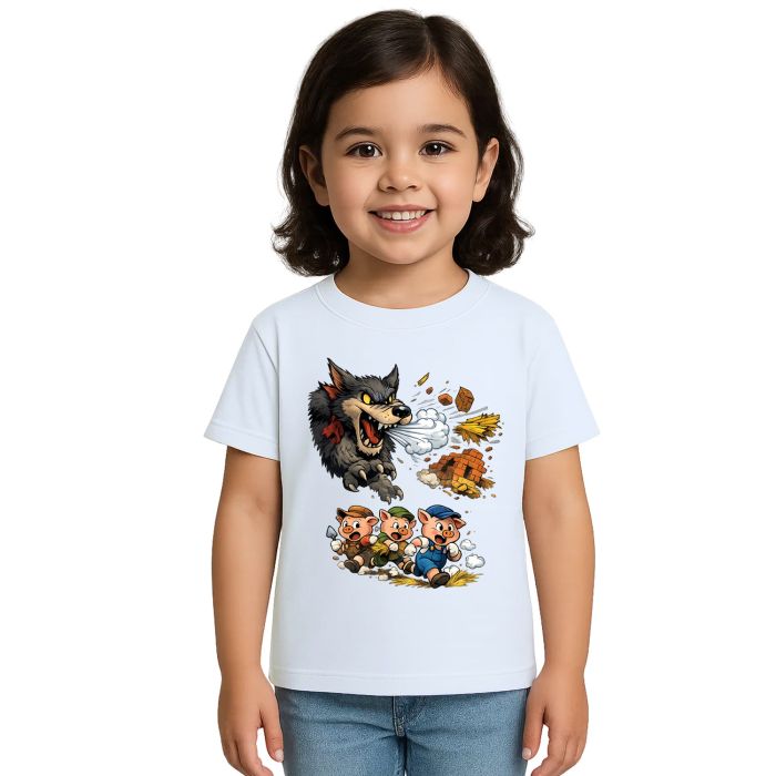 Camiseta Lobo Mau e Três Porquinhos Correndo Personalizada