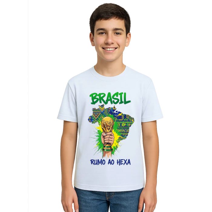 Camiseta Brasil Rumo ao Hexa Taça Estampa Personalizada