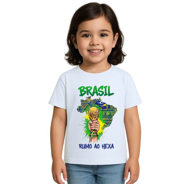 Camiseta Brasil Rumo ao Hexa Taça Estampa Personalizada