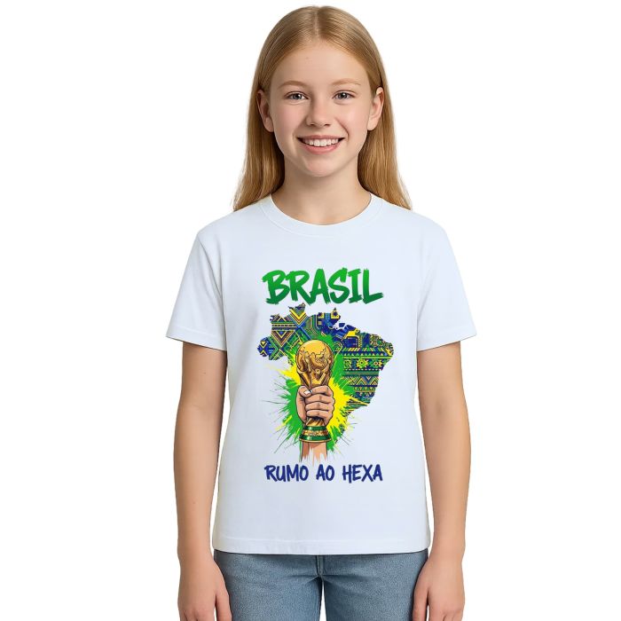 Camiseta Brasil Rumo ao Hexa Taça Estampa Personalizada