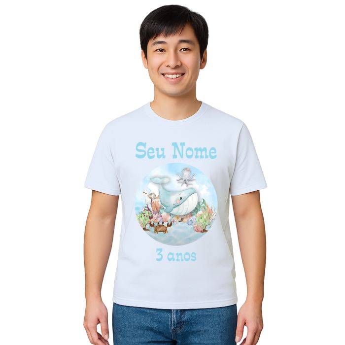 Camiseta Baleia Fundo do Mar Festa Estampa Personalizada
