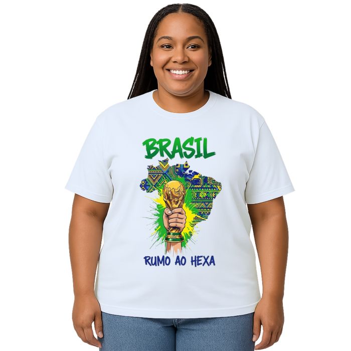 Camiseta Brasil Rumo ao Hexa Taça Estampa Personalizada