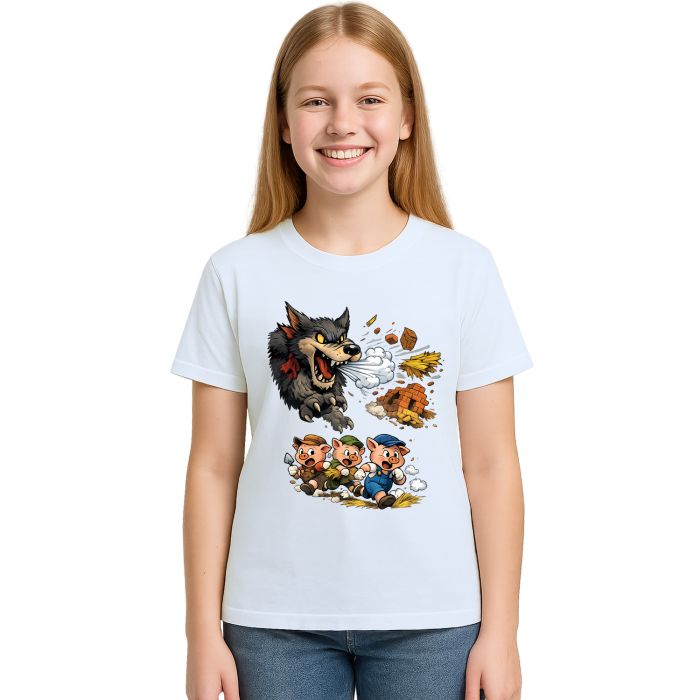Camiseta Lobo Mau e Três Porquinhos Correndo Personalizada
