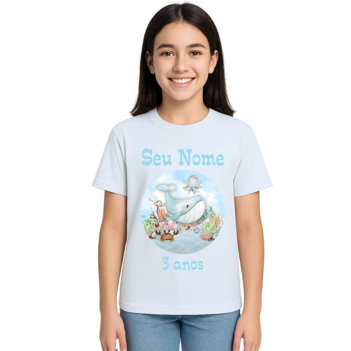 Camiseta Baleia Fundo do Mar Festa Estampa Personalizada