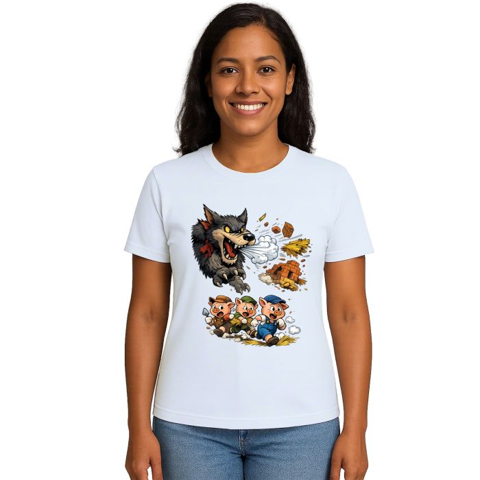 Camiseta Lobo Mau e Três Porquinhos Correndo Personalizada